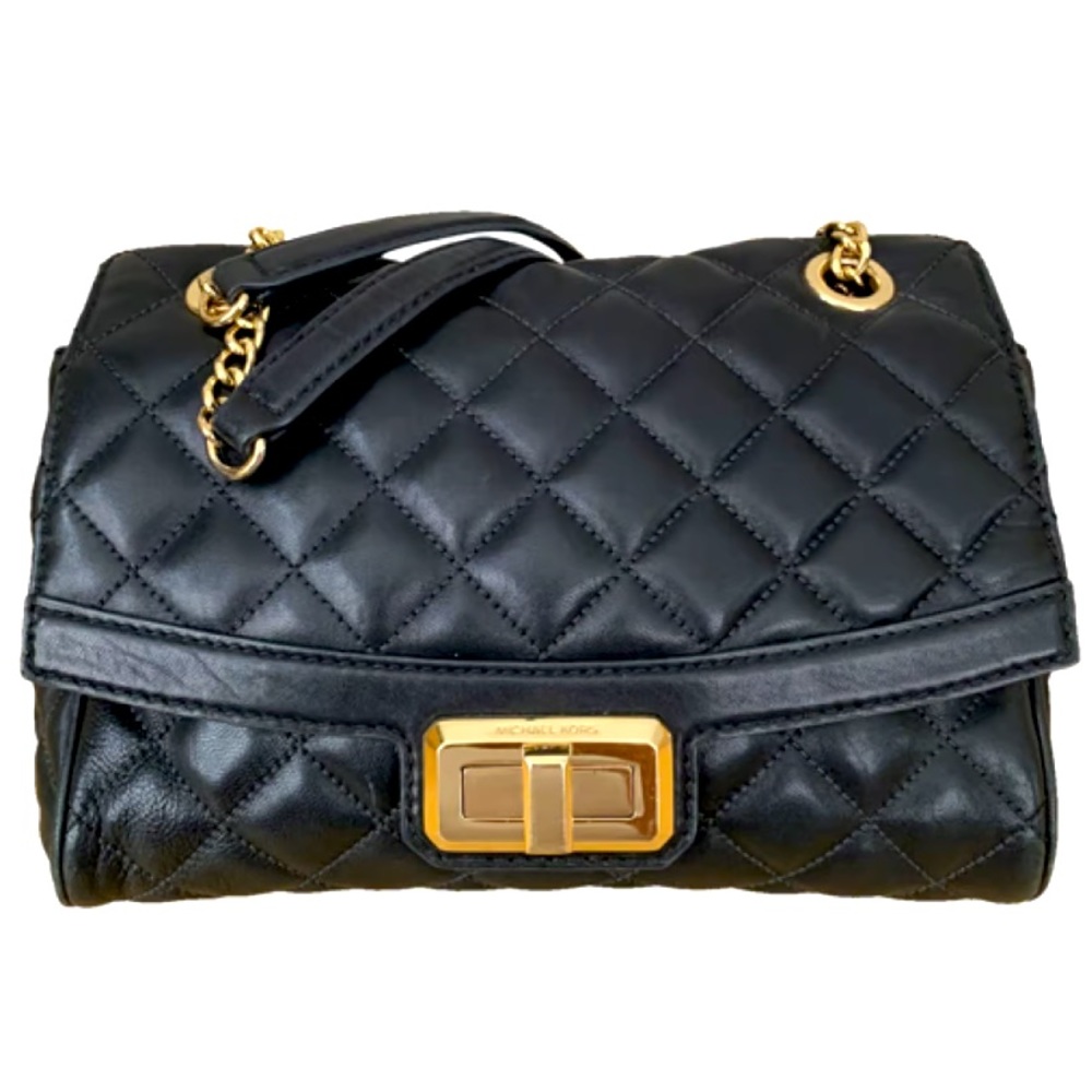 MICHAEL KORS HANNAH QUILTED🖤BLACK🖤LEATHER GOLD CHAIN SHOULDER/CROSSBODY🌟EUC🌟